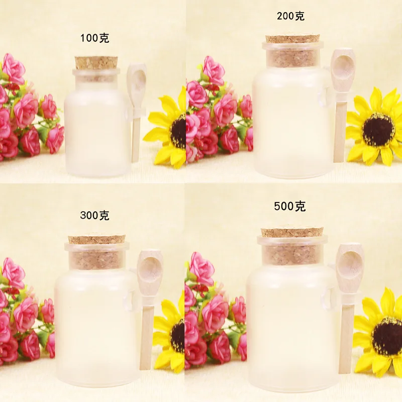 100ml 200ml 300ml Plastic Bath Salt Scrub Bottle with Cork Wooden Spoon Small Plastic Bottle