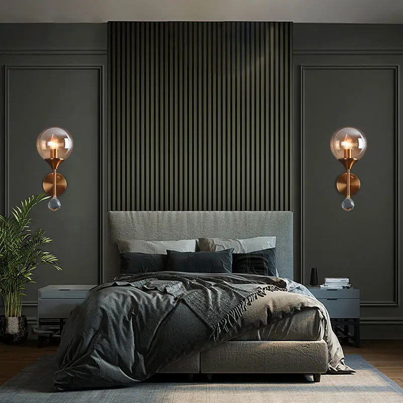 Nordic Modern Wall Lamp Led Body Glass Ball Antique Brass Wall Sconces Interior Double Indoor