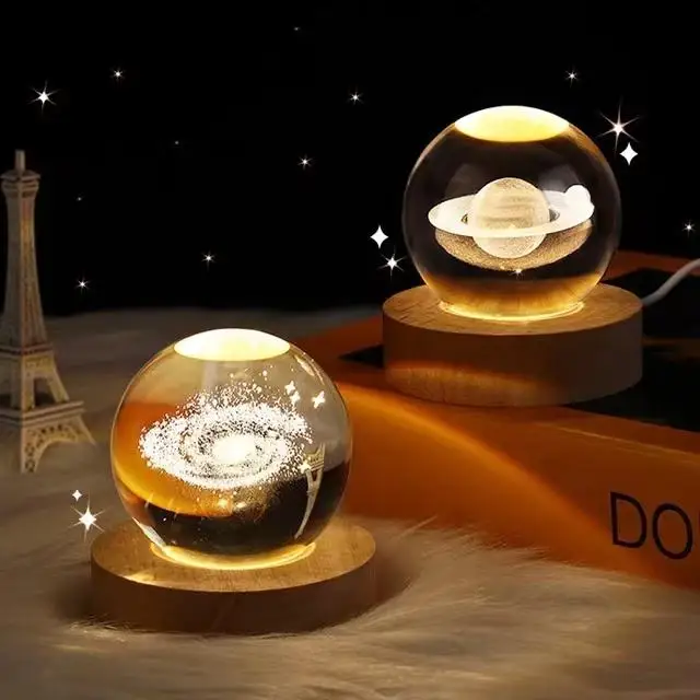 Glowing Crystal Ball Night Light Led Bedside Light Milky Way Light Ornament Solid Wood Base USB Night Lamp