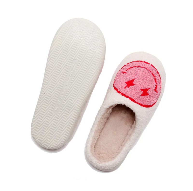 Hot Selling Comfortable Indoor/Outdoor Slippers With Embroidered Smile Face Winter Fur House Style Anti-Slip Feature