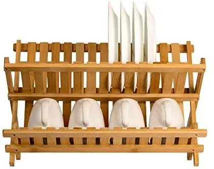Bamboo 2-Tier Kitchen Plate Rack Collapsible Dish Drying Rack for Kitchen Countertop