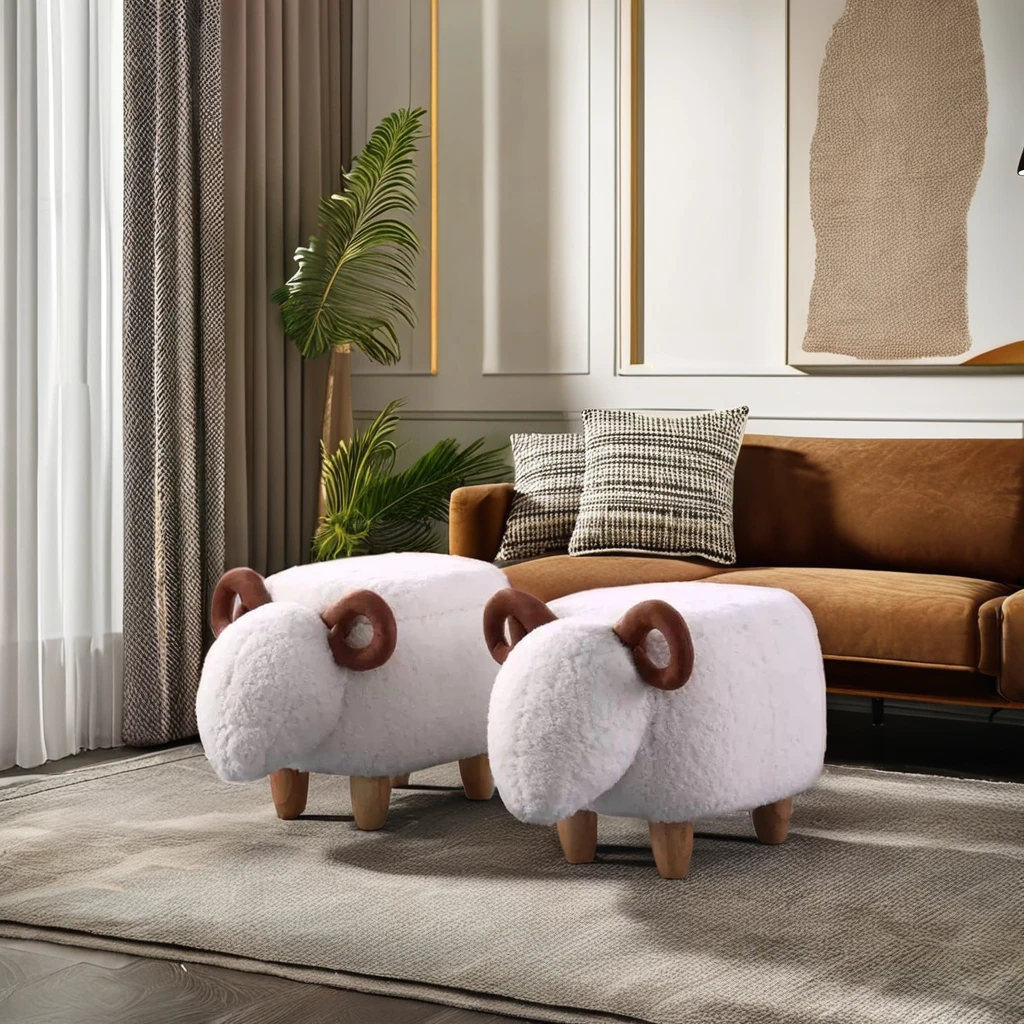 Animal-Shaped Soft Cushion Ottoman Bench Wooden Entry Footstool Step Stool for Living Room or Dormitory