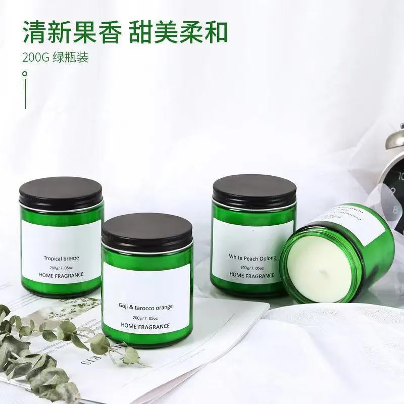 Diy Green Glass Candle Container Handmade Cylindrical Jar with Screen Printing Newly Designed with Lid