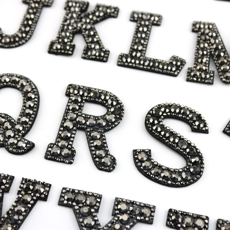iron on gunmetal rhinestone  A-Z alphabet patches for garment clothing embellishment