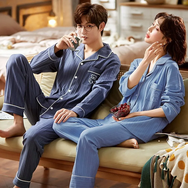 Winter Warm Couple Pajama Set Cotton Loose Cardigan Pyjamas Women Men Long Sleeve Homewear Cute Pattern Lovers Pajama Set