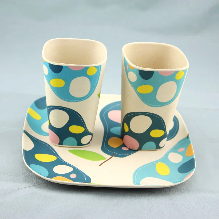 bamboo fiber fashion eco-friendly blue printed color cup bowl plate jug dinner set
