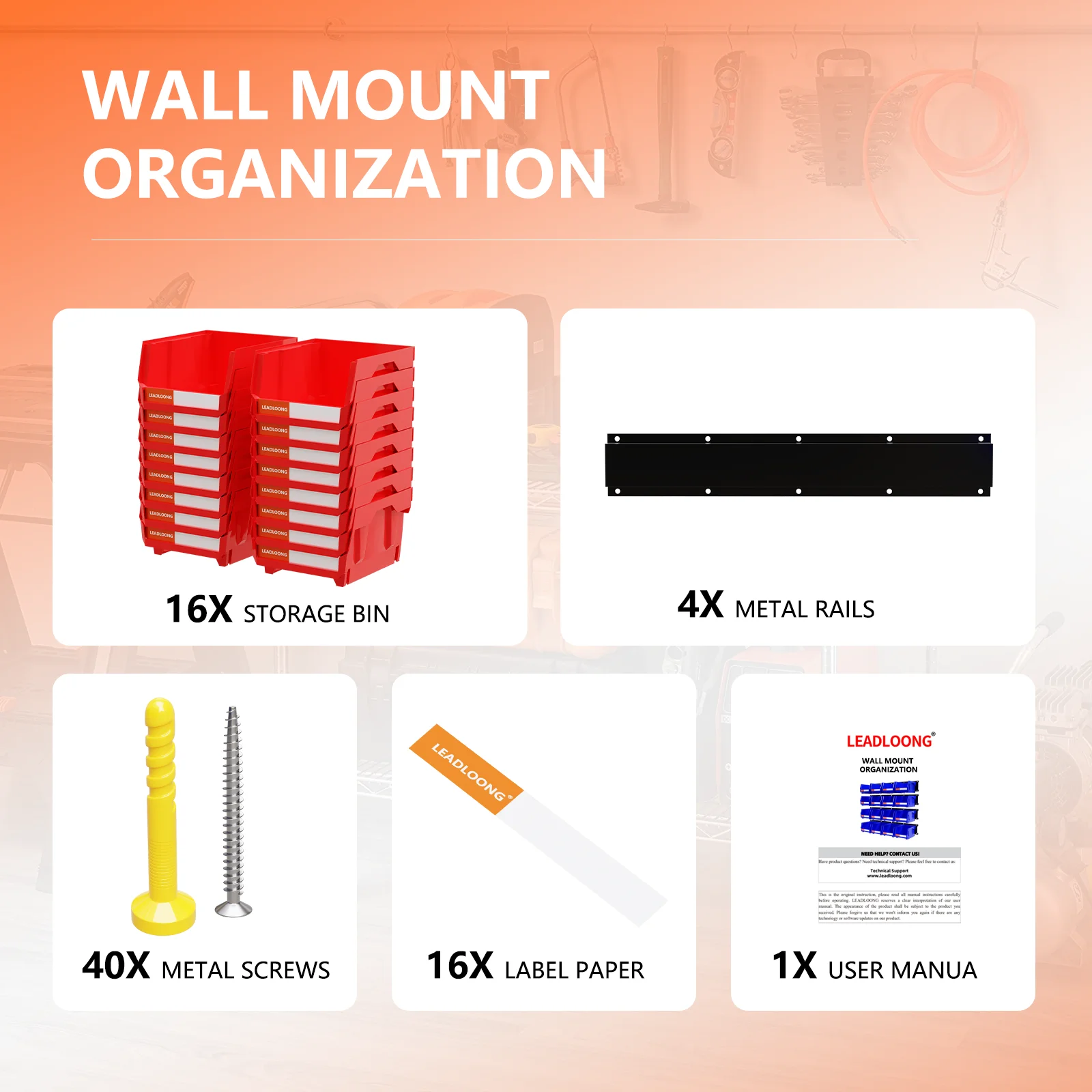 LEADLOONG Red Metal Durable Wall Mount Organization 49.7*11.4 CM/19.6*4.5 INCH Plastic Garage Part Organized Parts bin with Rack