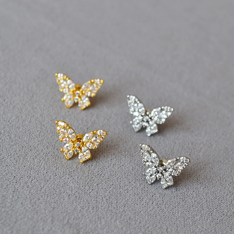 Beautiful Gold 925 Sterling Silver Needle Full Diamond Butterfly Stud Earrings