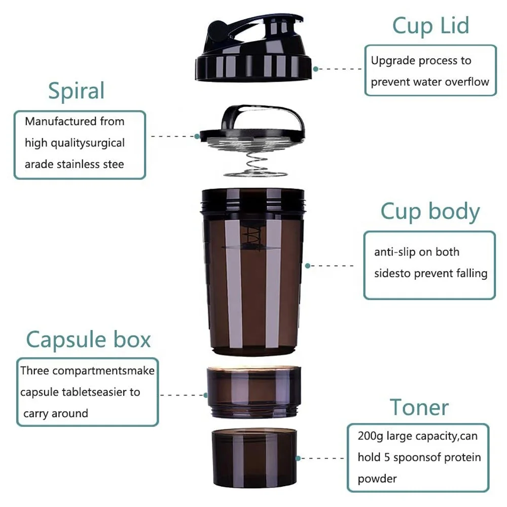 500ml Bpa Free Nutrition Bottle Gym Sports Protein Shaker Cup Water With Storage Container and Pill Box