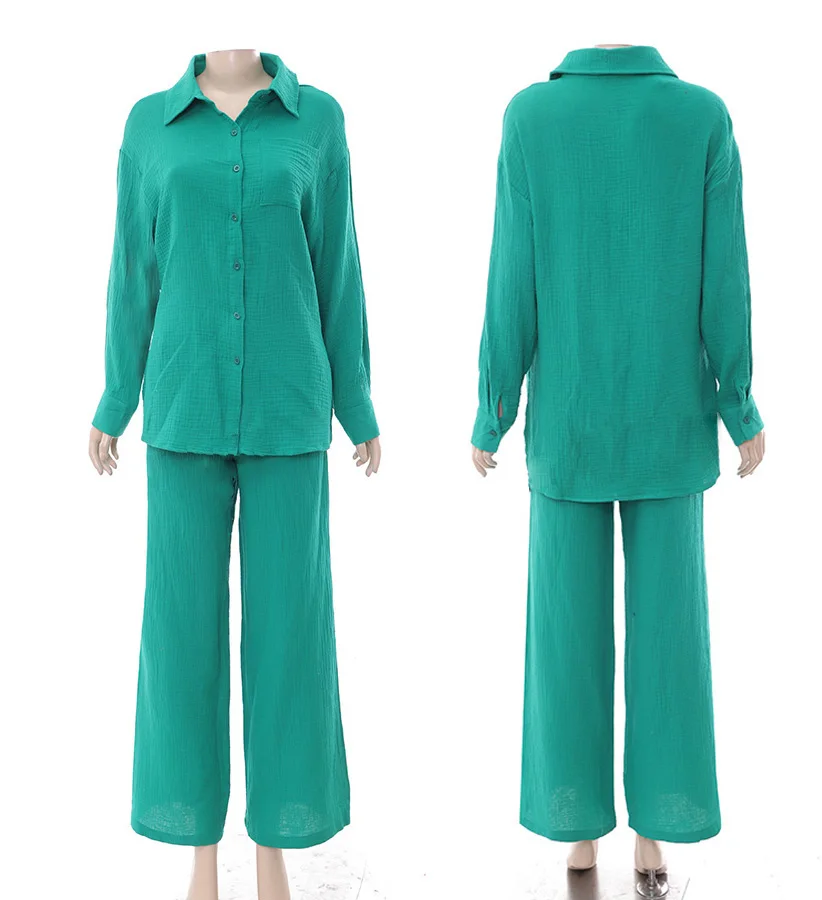 Custom two-piece women sets shirt long sleeve split blouse with wide leg trousers two-piece set
