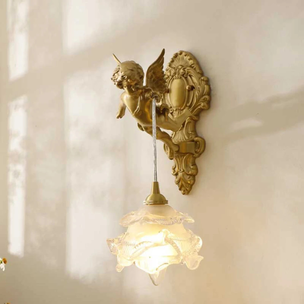 Retro french brass wall lamp hotel bedroom aisle staircase wall angel crystal decorative light background wall copper light