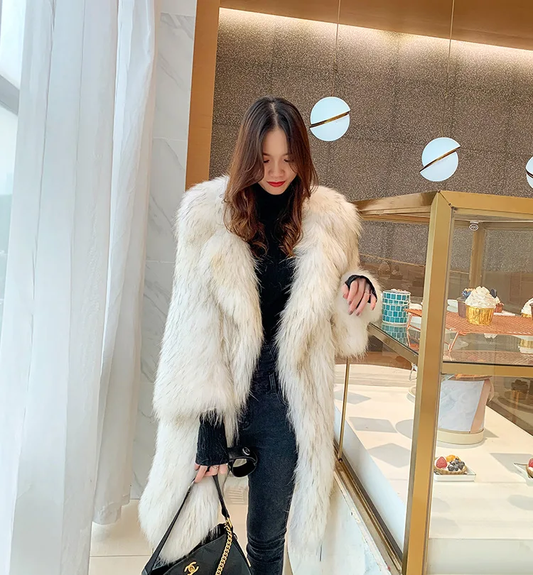 Winter Warm Furry Fur Jacket White High Quality Casual Faux Fox Fur Women Long Coat