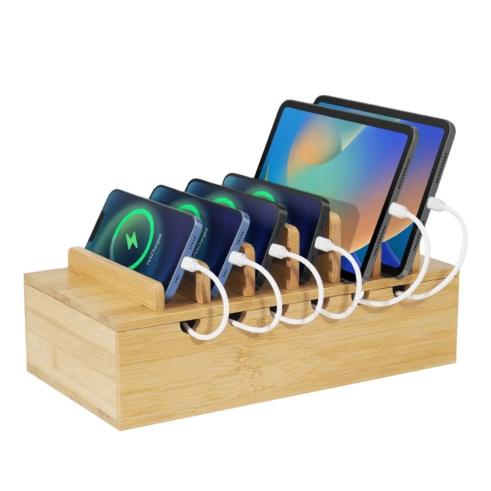 Charging Station for Multiple Devices, Desk Docking Stations Organizer for Apple Devices, Wood Charging Cell Phone Holder Stand