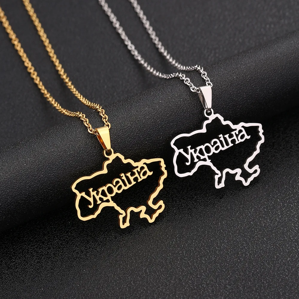 Free samples Custom Stainless Steel Jewelry Hollow Letter Ukraine Map Flag Men Pendant Charm Couples Necklace For Women
