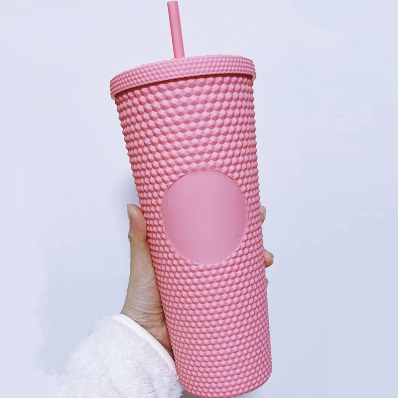 2021 New 24oz American Matte Black Plastic Studded Cups White Studded Tumbler With Straw And Lid