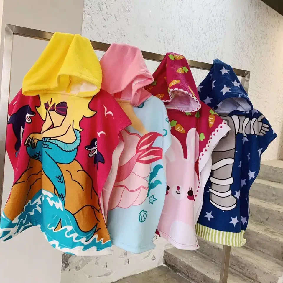 Wearable Printed Summer Children Poncho Microfiber Custom Hooded Kids Beach Towels