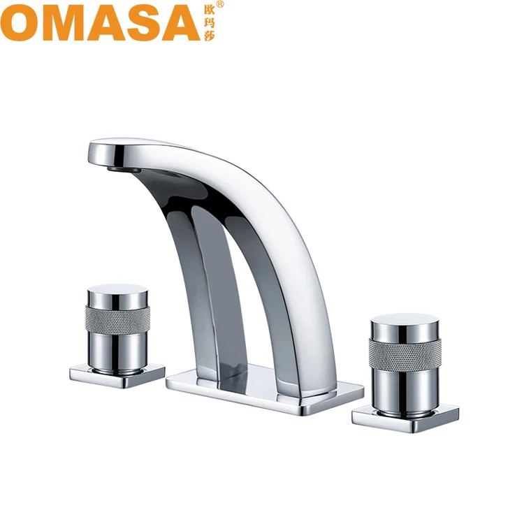 OMASA three holes deck mounted double handles arch brass body strong water flow hot cold washing basin faucet