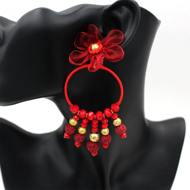 
Red Festival crystal rice beaded geometric statement earrings 