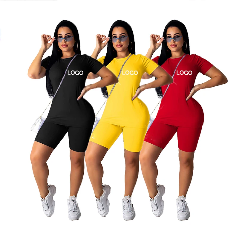Summer Women Clothing Custom Logo Solid Color Short Sleeve Tee Shorts Set Sportswear Women Two Piece Set
