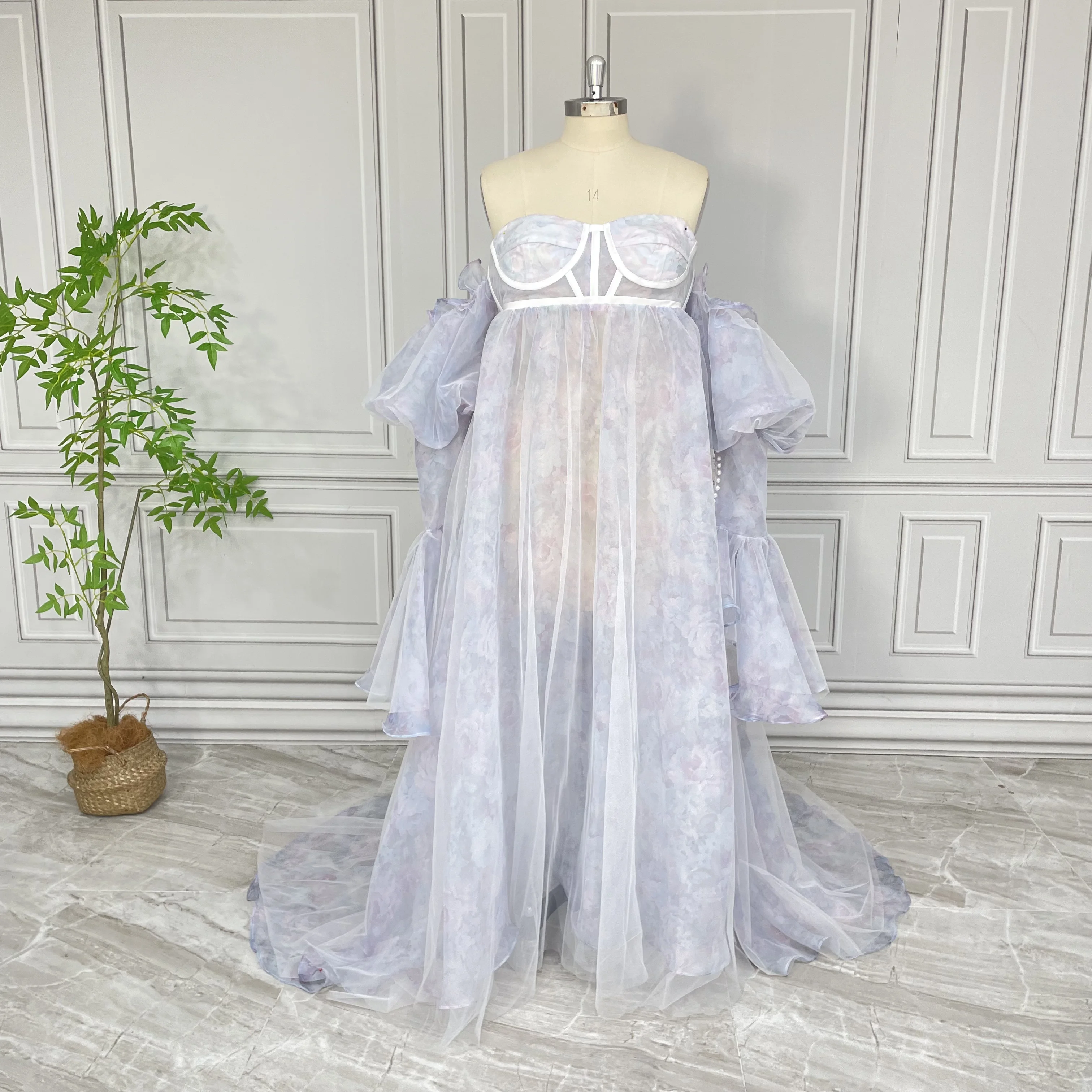 100% Real Photos High Quality Flowers Print Organza Maternity Photo Shoot Dress For Baby Shower Pregnant Women Gown 2024