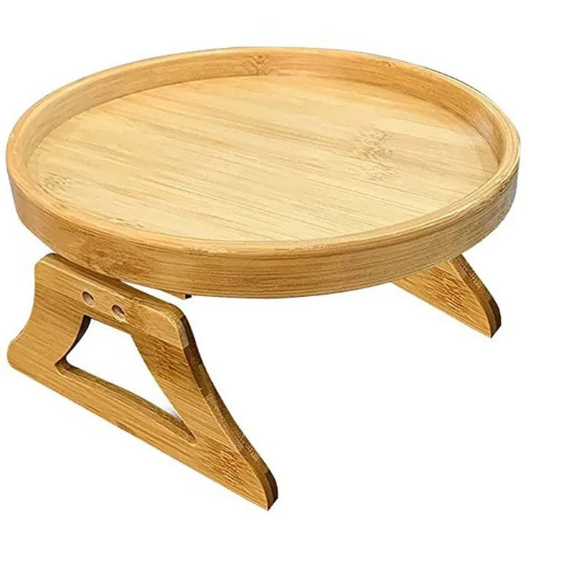 Eco-friend bamboo folding tray sofa armrest clip tray round table wooden couch tray