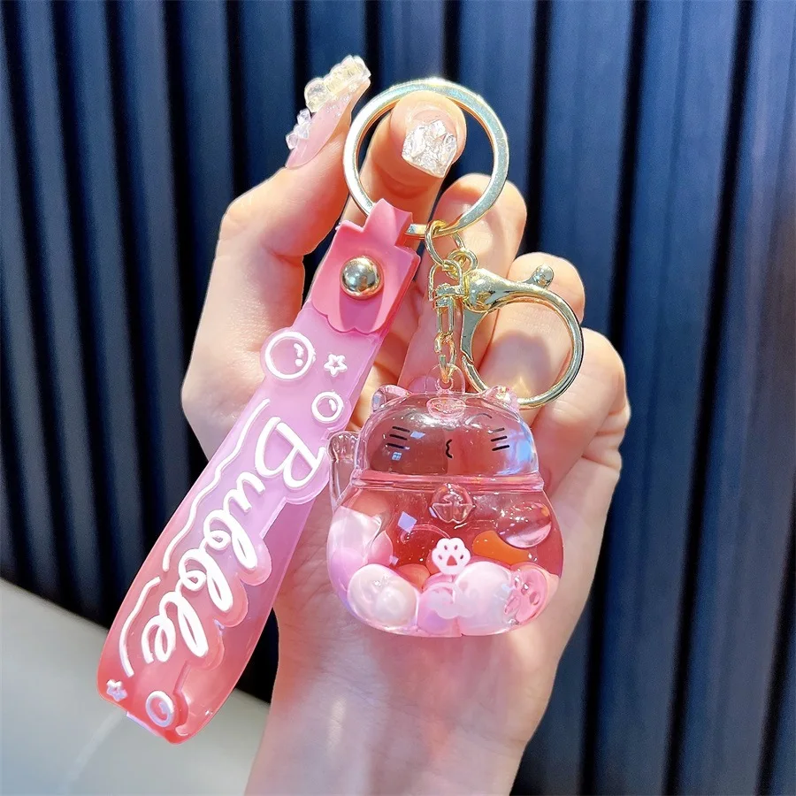 Cute Rubber Keychain Acrylic Liquid Filled Keychain Floating Anime Keychain Quicksand Bottle Key chain Bag Accessories