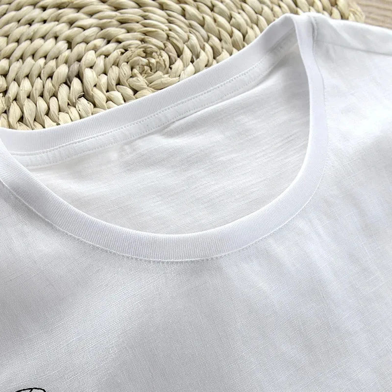 New fashion summer mens clothing hemp fabric shirt casual white cartoon embroidery linen short sleeve apparel men tshirt