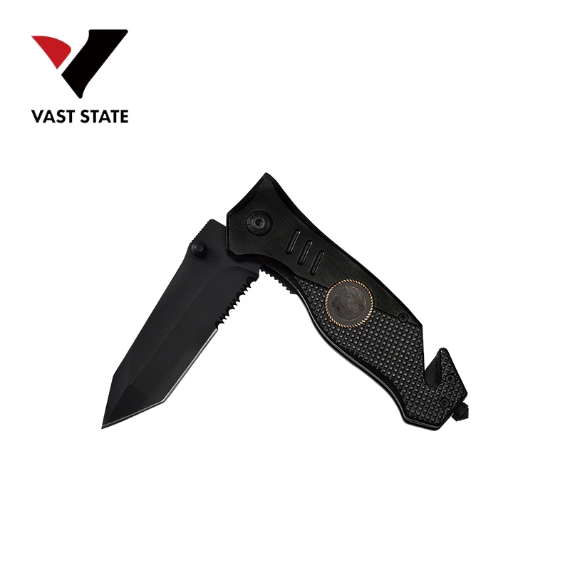 
Wholesale OEM Custom Logo Printed Engraved Outdoor Survival Rescue Stainless Steel Folding Pocket Knife with Seatbelt Cutter 