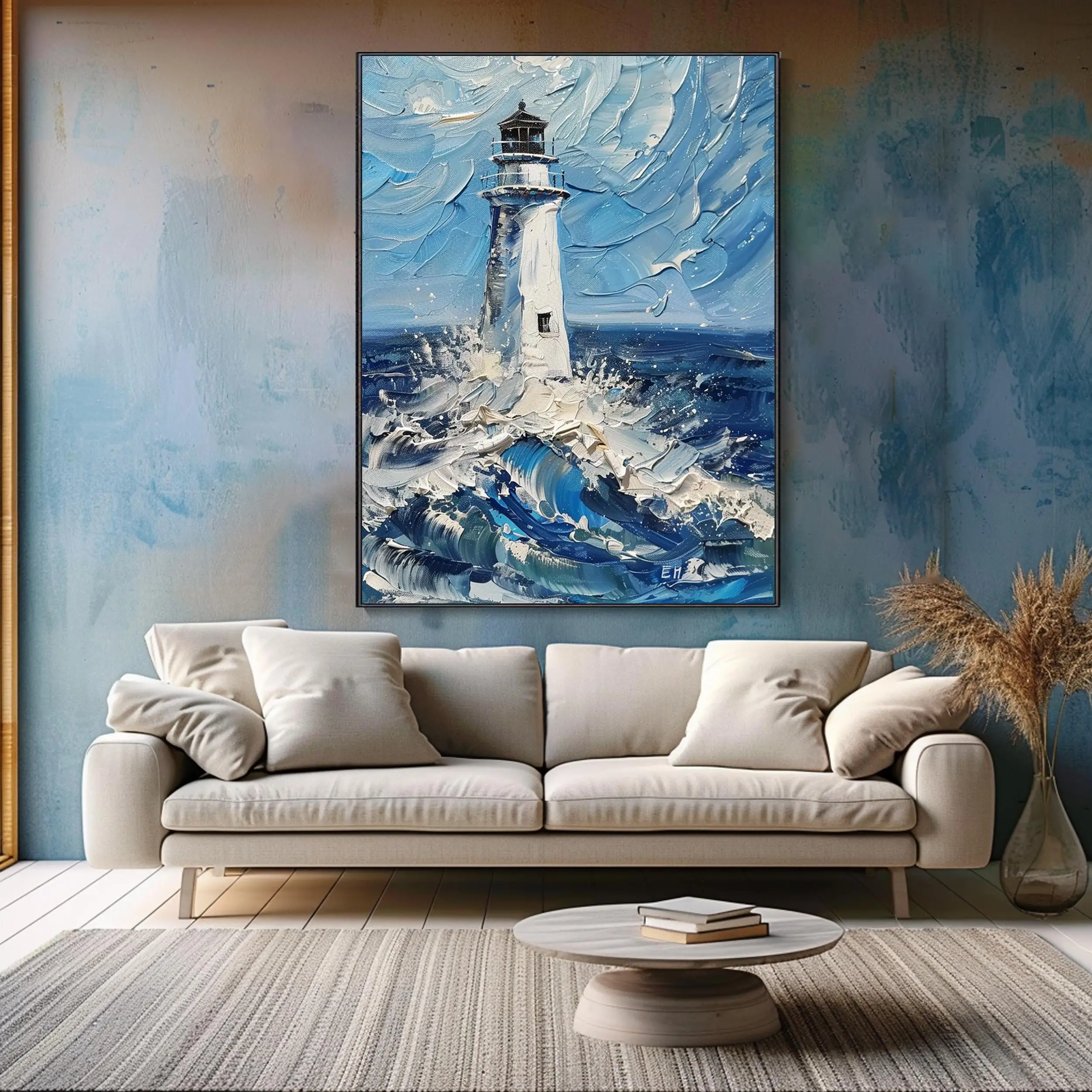 SQ Modern Waves Decor Lighthouse Canvas Blue Ocean Oil Hand Abstract Landscape Custom 3D Decor Wall Interior Home Ocean Scenery