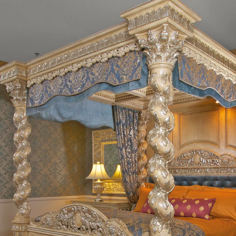 Antique Style Four Pillars Carving Large Luxury King Double Bed Bedroom Furniture Set Royal Palace Wood Pillars Bed