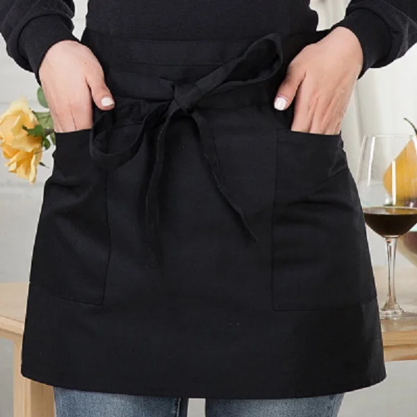 3 Pocket 2 Pocket Custom Black Cotton Polyester Short Waitress Half Server Waiter Apron Waist for Kitchen Coffee Bar