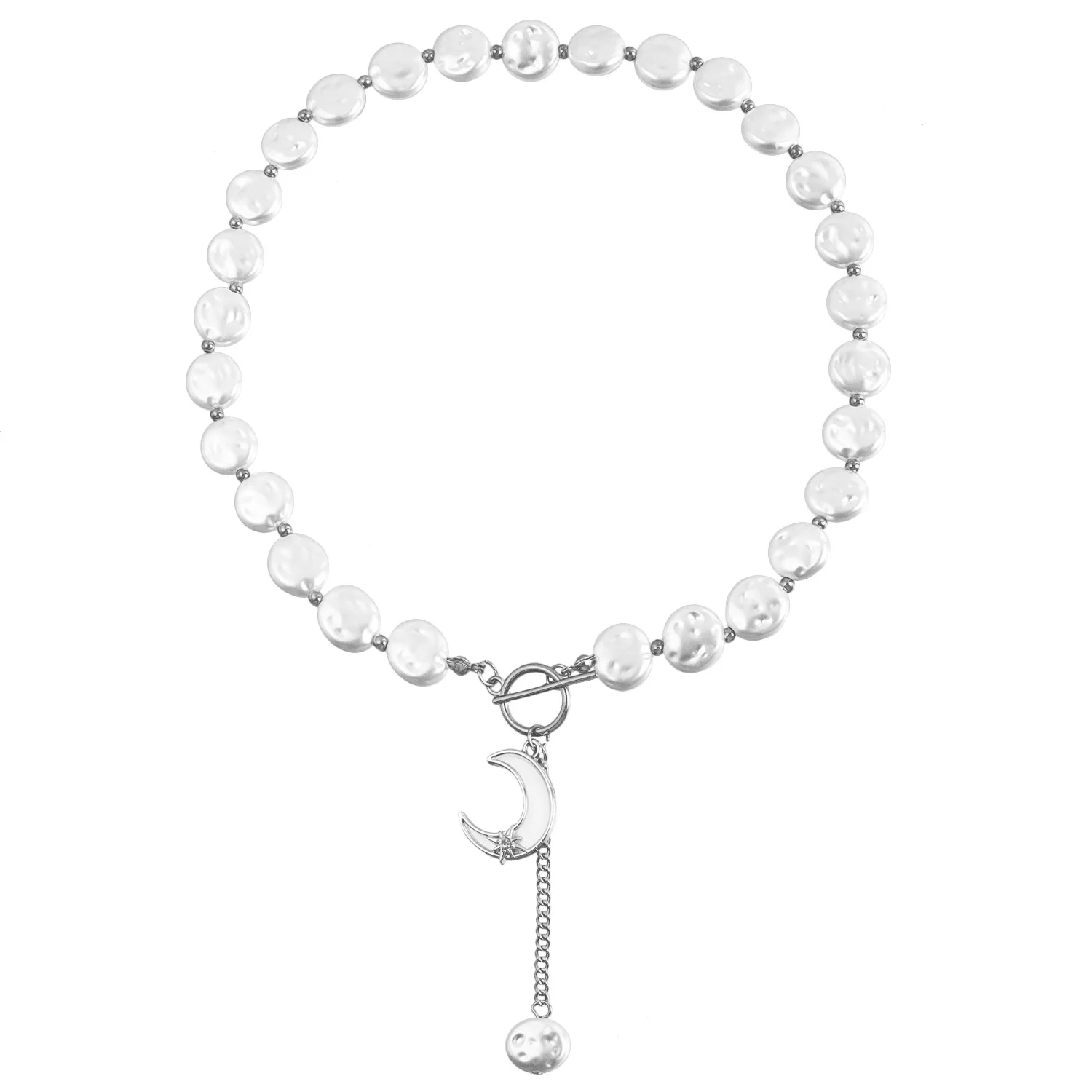 GEERDENG New Arrival Dainty 18k Gold Plated Flat Pearl Tassel Necklace OT Buckle Necklaces for Women