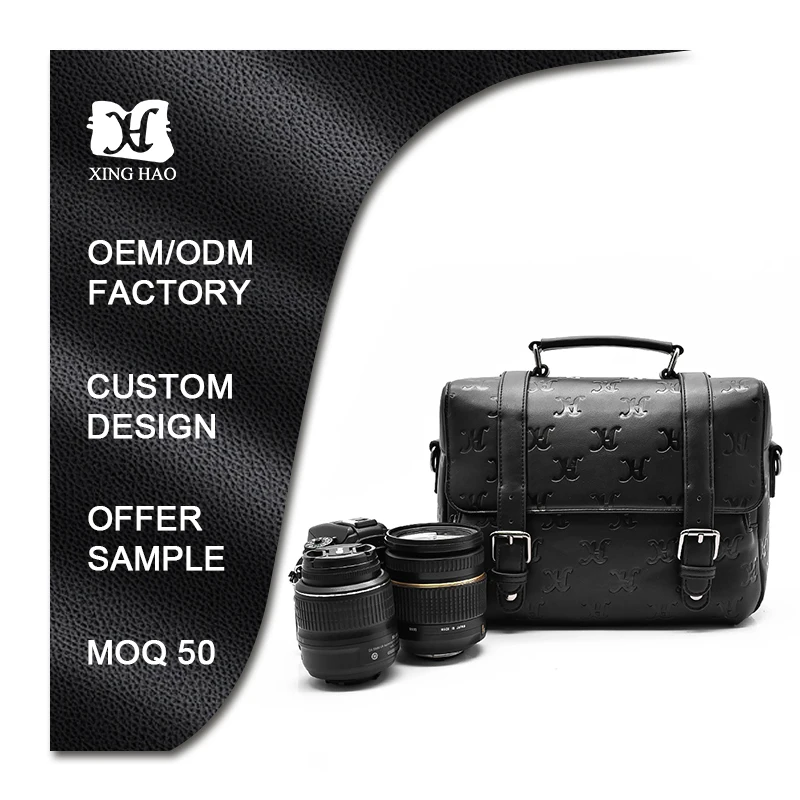 Custom Debossed Logo Black Vegan Pu Leather Messenger Dslr Lens Camera Bag for Photography