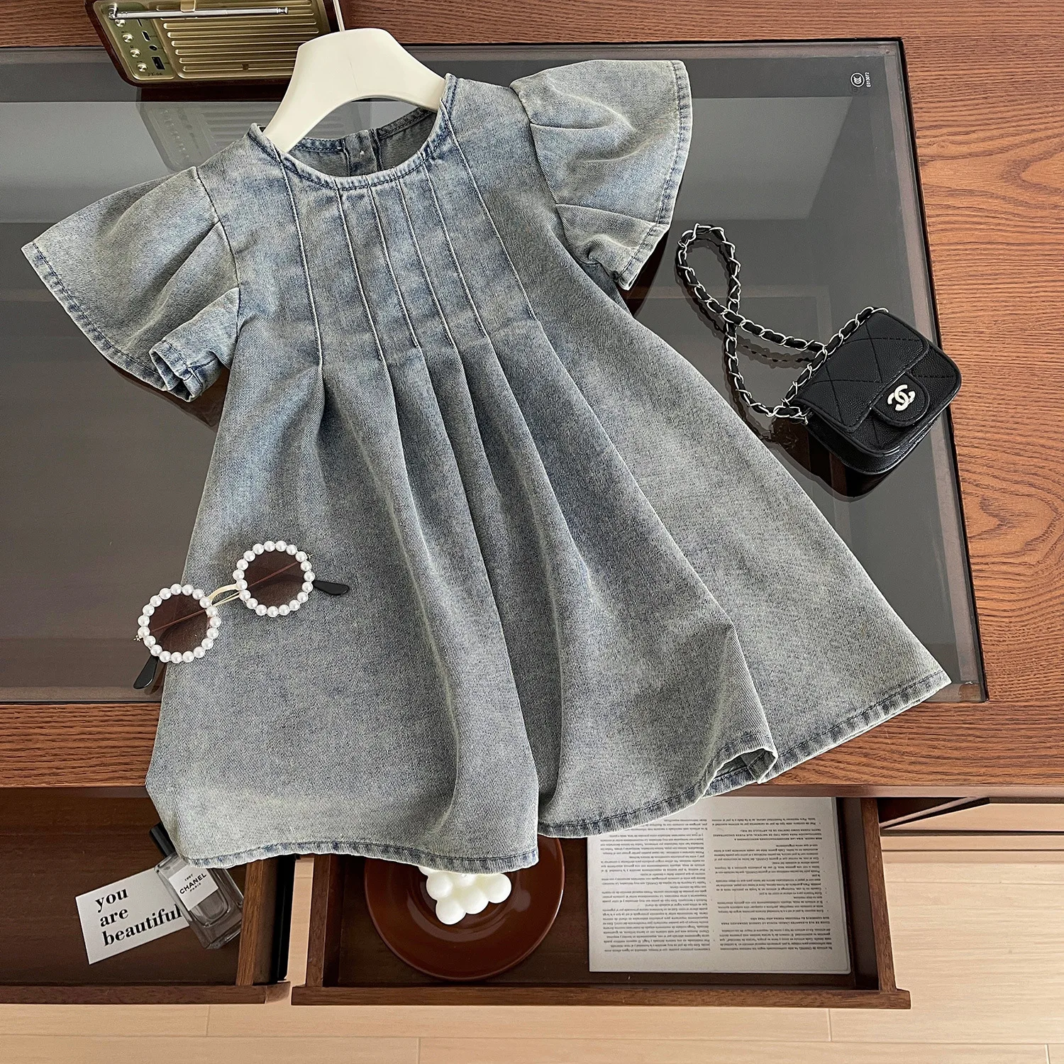 Girls Baby Denim Dresses 2024 Fashion Kid Girl Solid Costumes Kids Sweet Vestidos Children Ruched Clothing 3-7 Years