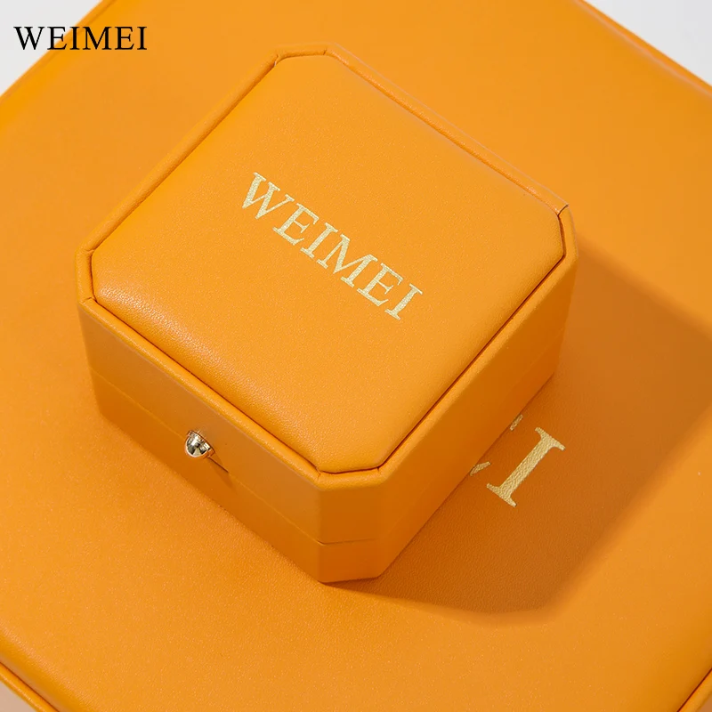 WEIMEI Jewelry Box Factory Luxury octagonal orange pu leather package custom ring earring diamond light jewelry box with light