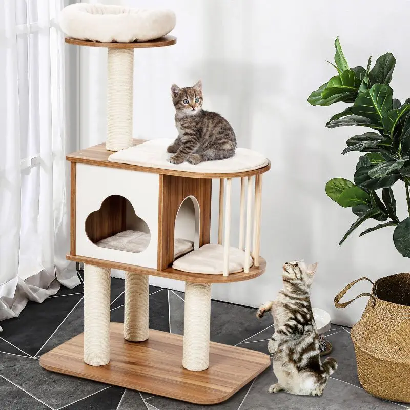 Wholesale customized cute fashion beige luxury  indoor tree tower houses scratches climbing pet cat tree CNLF