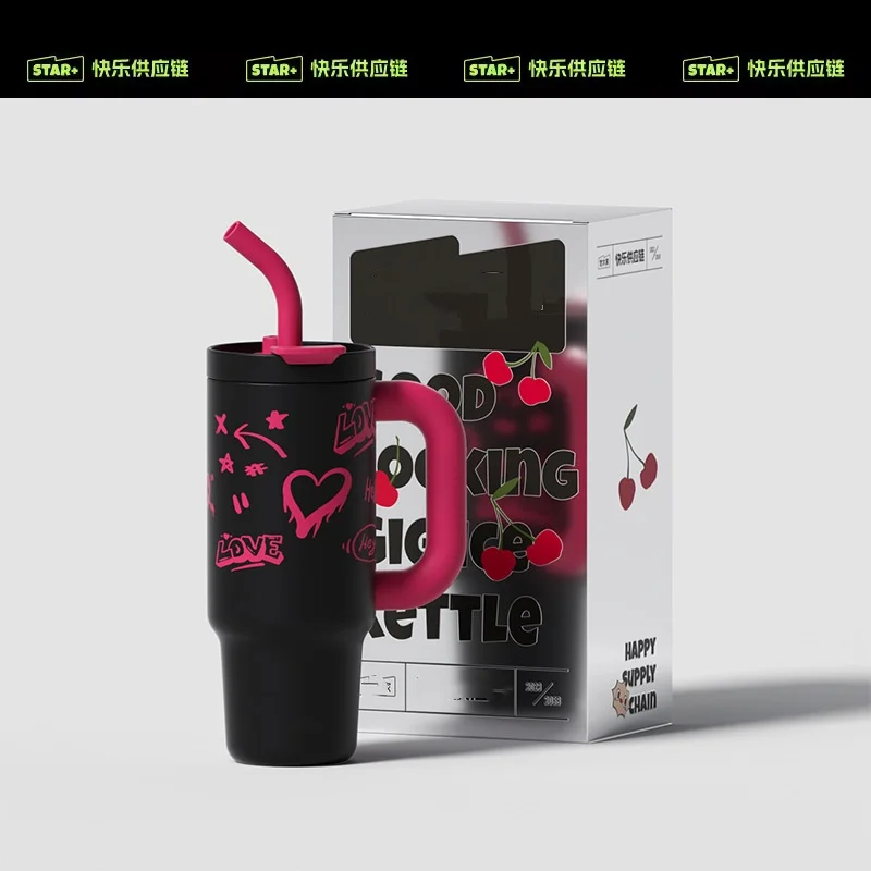 New ice Ba thermos cup girls large capacity high appearance level ceramic inner tube straw water cup