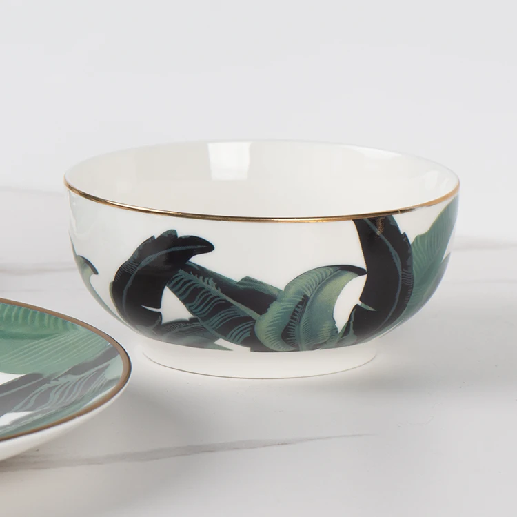 Hot selling Gold rim dinnerware Green Leaf Ceramic dinnerware Plate Set for Party  wedding