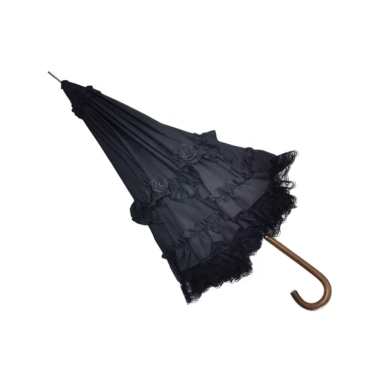 Gothic Lolita Lace Wood Handle J Shape Wedding Sunshade Sombrilla Umbrella For Ladies 23 Inch