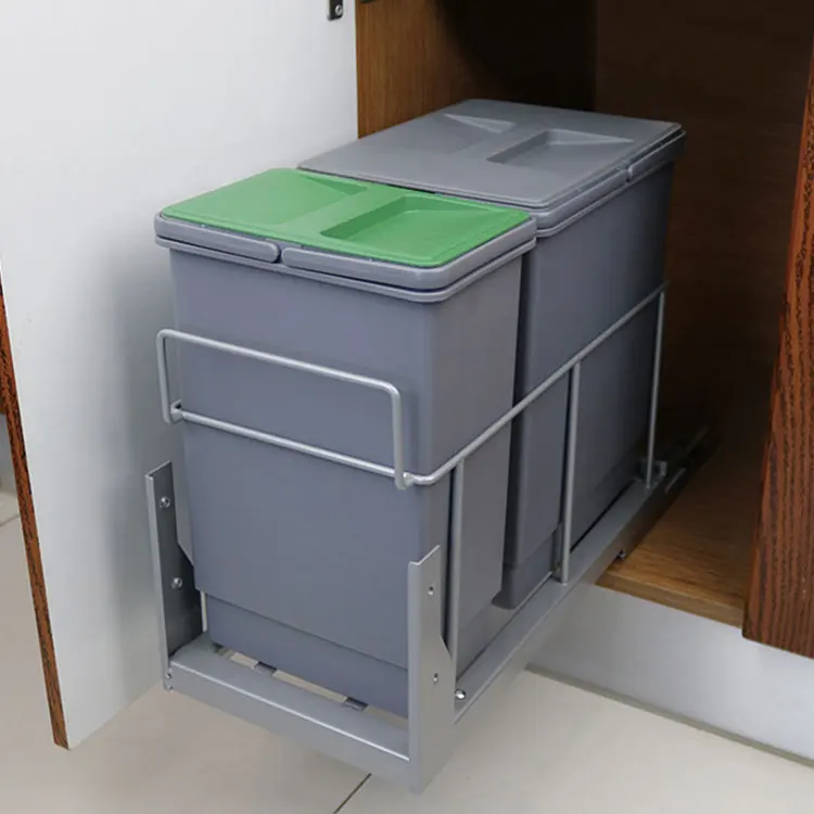 High Quality Eco Friendly Big Volume Kitchen Pull Out Soft Closing Plastic Waste Bin Mounted Concealed Storage Shelf