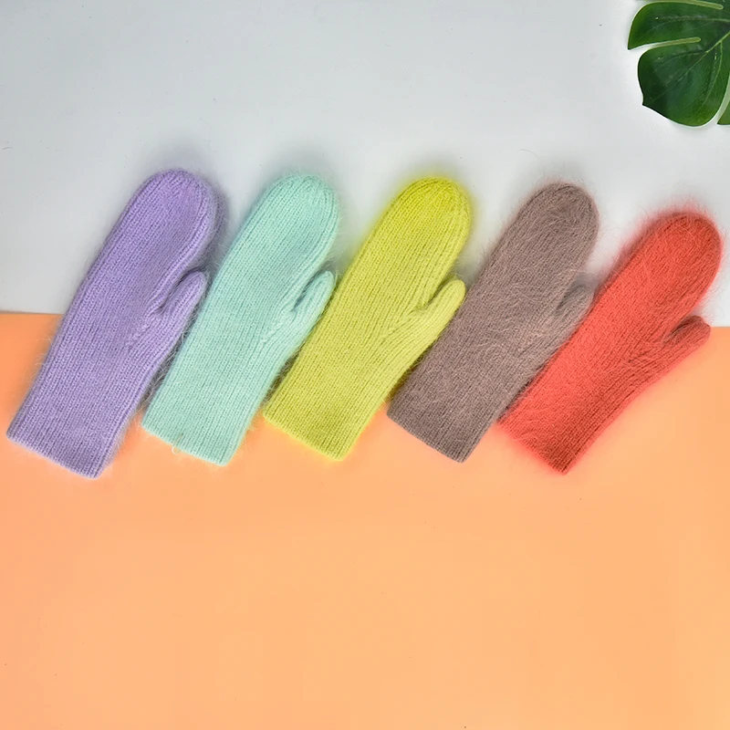 Winter Angora Wool Blend Knitted Gloves for Women Warm Colorful Mittens Fashion Ladies Gloves
