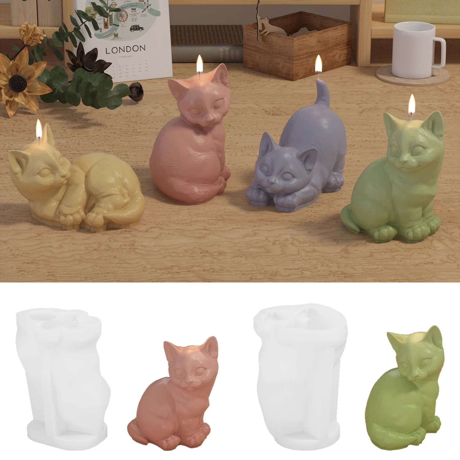 DM906 3D Cute Cat Resin Molds Gypsum Cement DIY Lovely Animal Aromatherapy Candle Silicone Mold For Cats