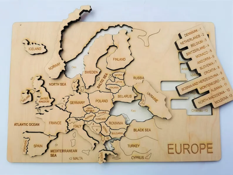 Wooden puzzle Europe map with capital Under Europe wooden map puzzle for home decor