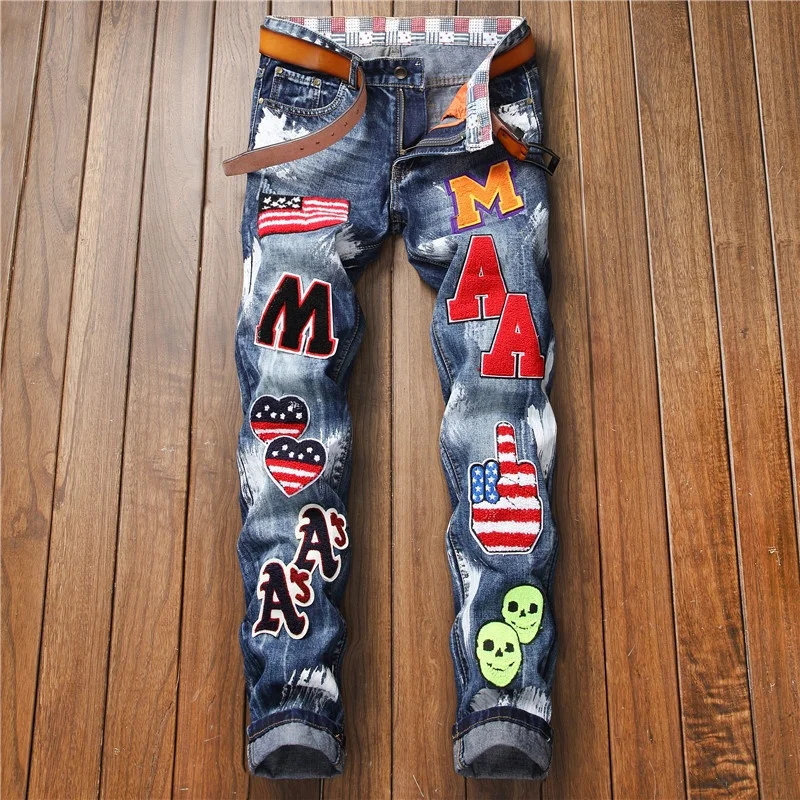 motor & biker hip hop regular paint patch embroidery patchwork jeans mens