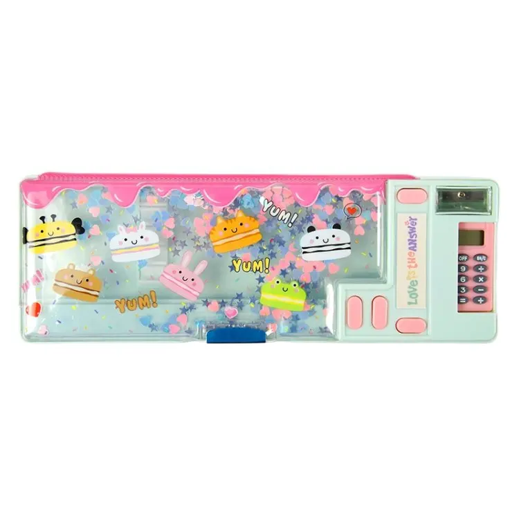 INTERWELL Sturdy PS/PVC School Pencil Case for Kids with Built-in Calculator and Pencil Sharpener Sparkling Glitter Design