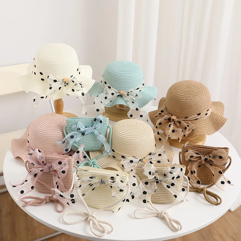 Summer Kids BagSet Luxury Ribbon Wide Wave Brim Bowknot Spotted Sweet Cute Sunshade Hat For Beach Outdoor Girl Bag Straw Hat Set