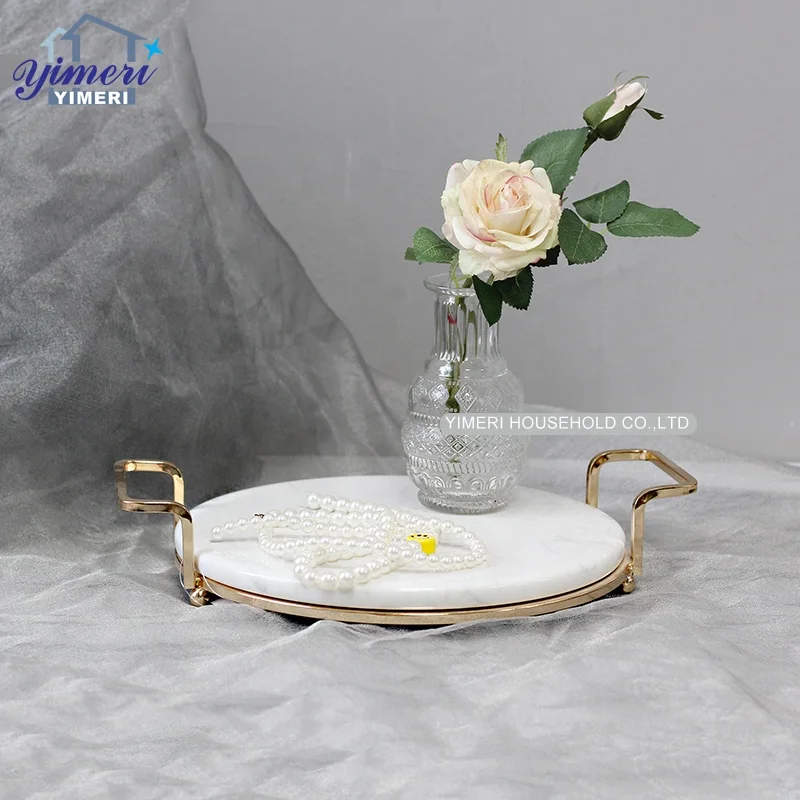 nordic luxury home decorative gold edges round marble tray with handles