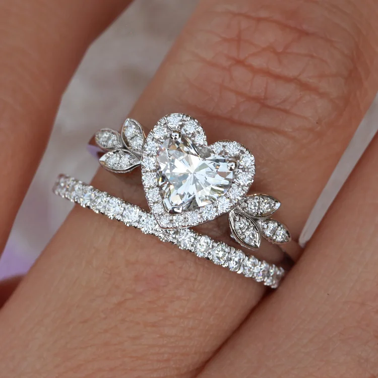 Romantic heart diamond 925 real silver women engagement white gold non tarnish wedding ring set