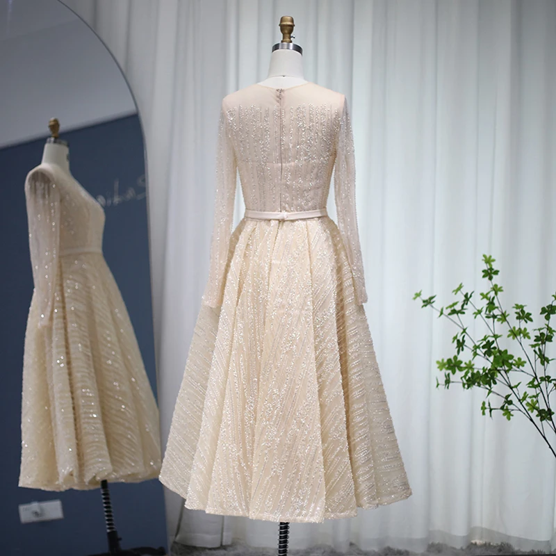 Jancember LSCZ135 Elegant 2023 O-neck Sequin Sashes  Pleat Evening Dress Long Sleeves