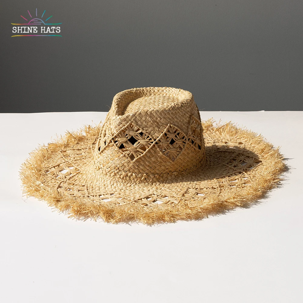 Shinehats woven hollow crochet raffia wide brim straw hat sun summer beach sombrero raffia hat for women ladies